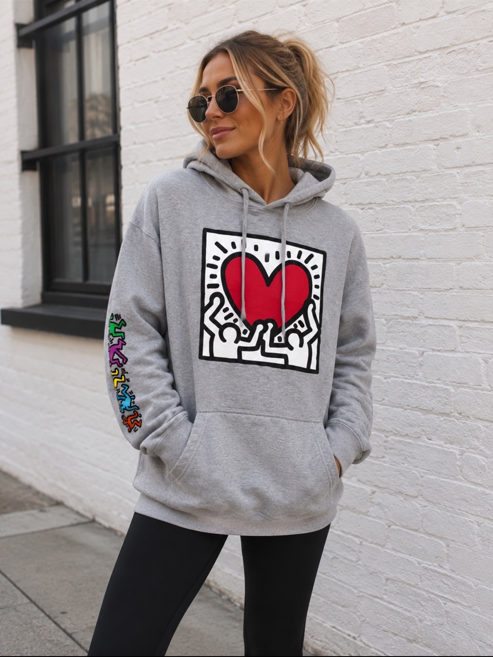 Keith Haring Gray Graphic Pullover Hoodie Sweatshirt Oversized Large
